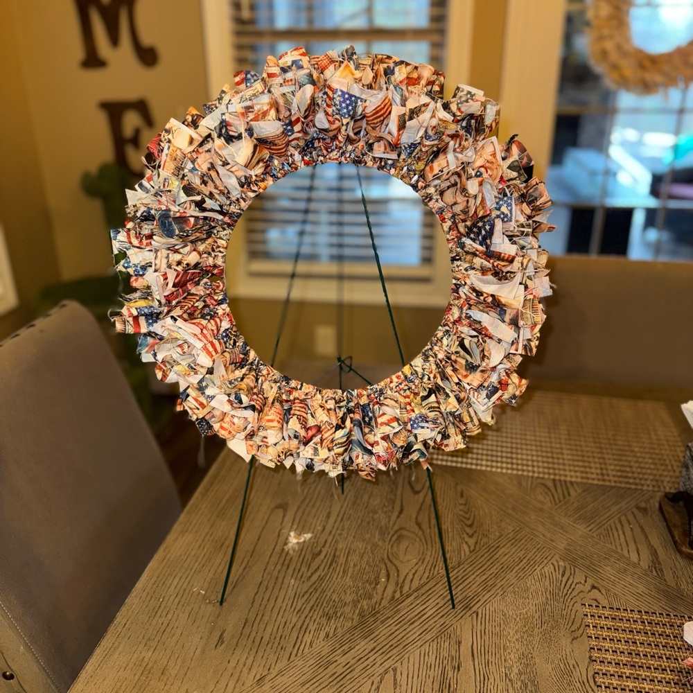 Hand Crafted Patriotic Fabric Wreath - Red, Blue, White